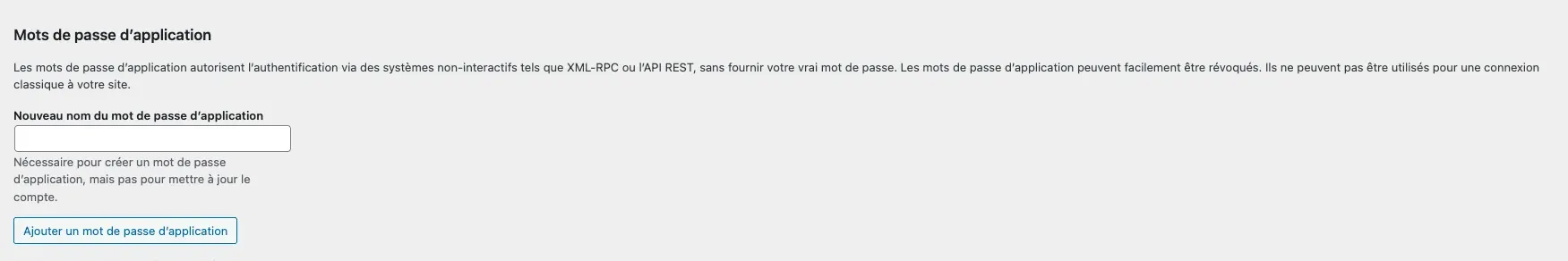 Section Mots de passe d'application dans le profil utilisateur WordPress